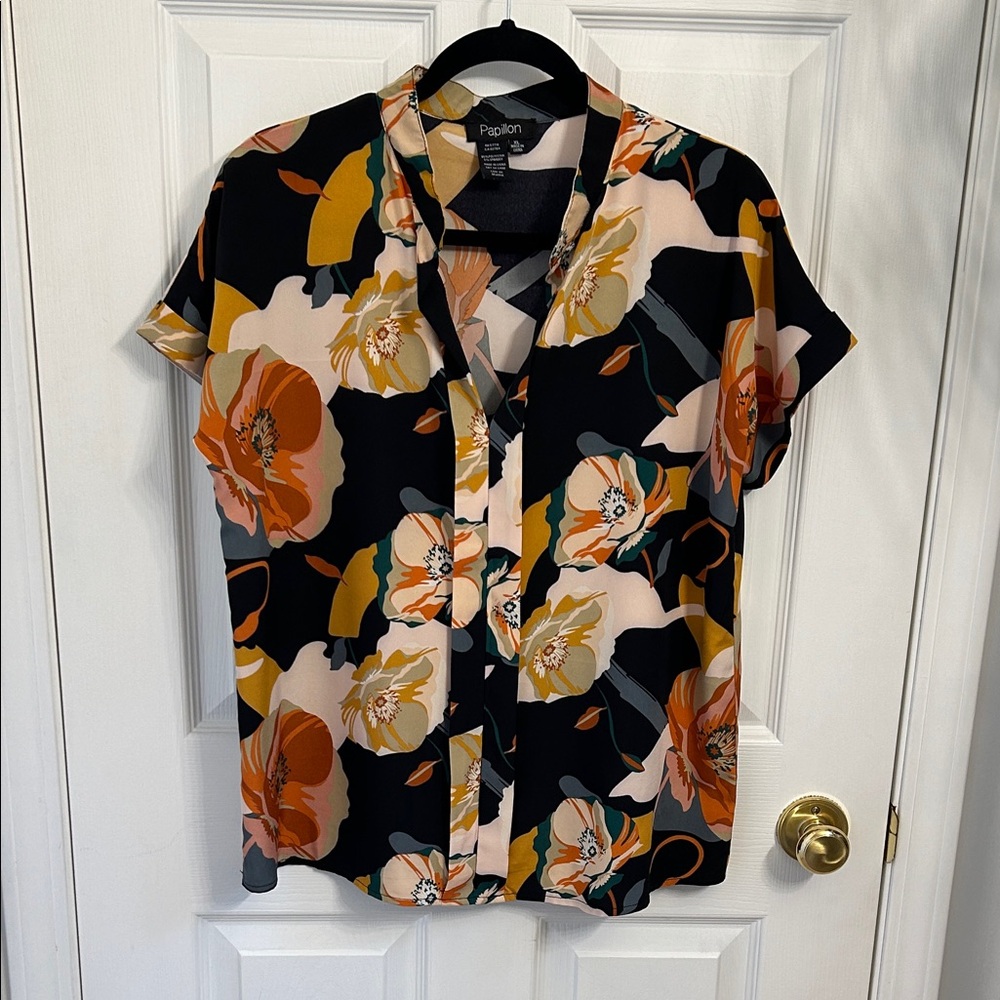 Papillon women’s Vibrant Floral Shirt - Black, Orange, and Cream